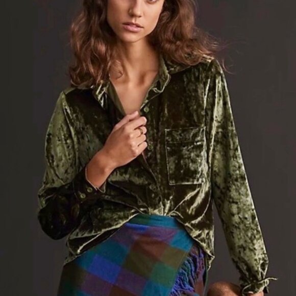 Anthropologie Amadi Velvet Button Down Shirt moss green XS crushed velvet top - Picture 1 of 8